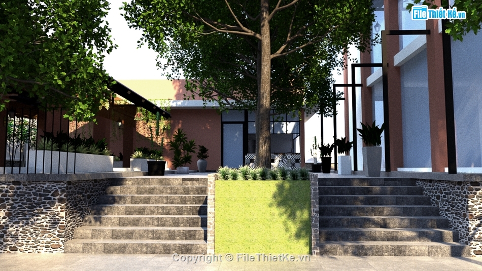 quán cafe sân vườn 21x26m,sketchup dựng quán cafe,nội thất quán cafe sketchup,quán cafe dựng file sketchup